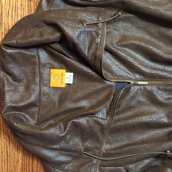 Brown Vegan leather textured cinch waist chic Bomber jacket. Sz 14 - Picture 4 of 8